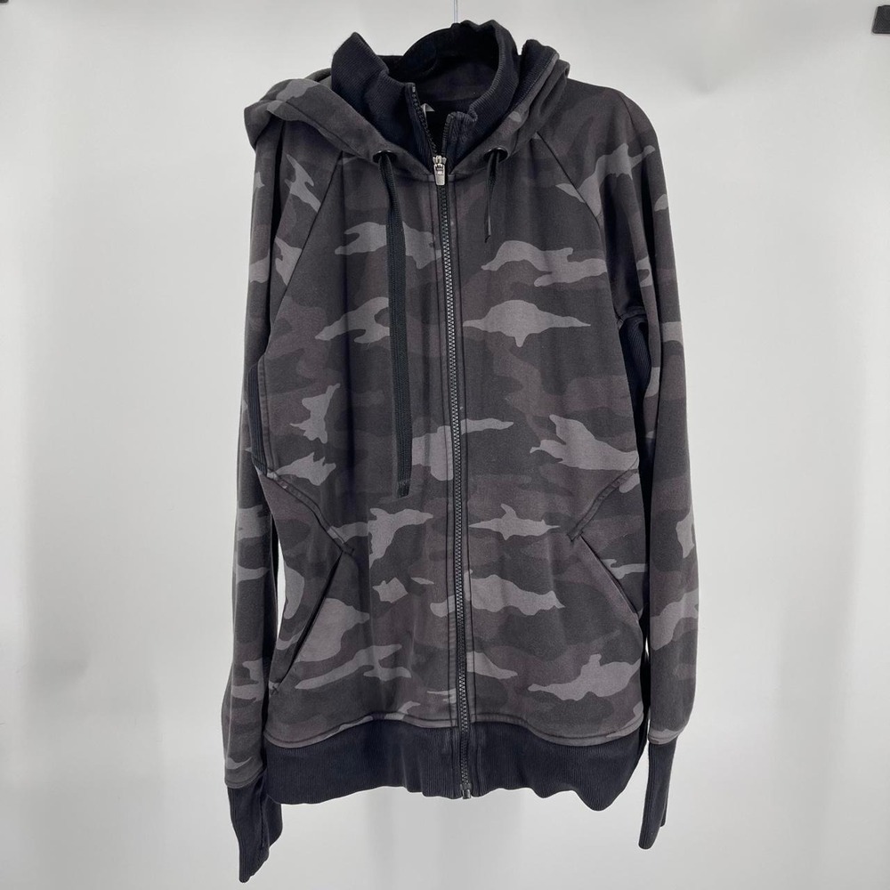 Athleta Triumph Scuba Zip Up Hoodie Sweatshirt Gray Camo M Fleece Athleisure Gym